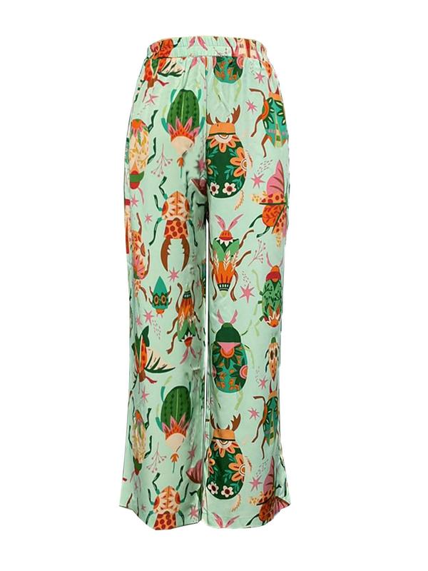  All Over Print Pocket Elastic Waist Wide Leg Pants, Casual Comfy Trousers for Daily Wear, Women's Bottoms for Summer